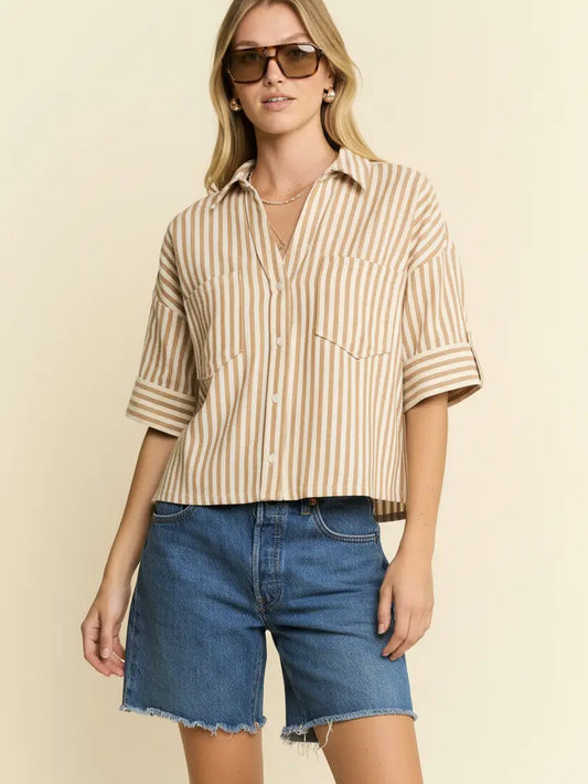 Curvy Latte Stripe Button-Down Cropped Shirt