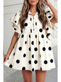 Polka Dot Flutter Sleeve Button-Front Babydoll Mini Dress | Cream & Black
