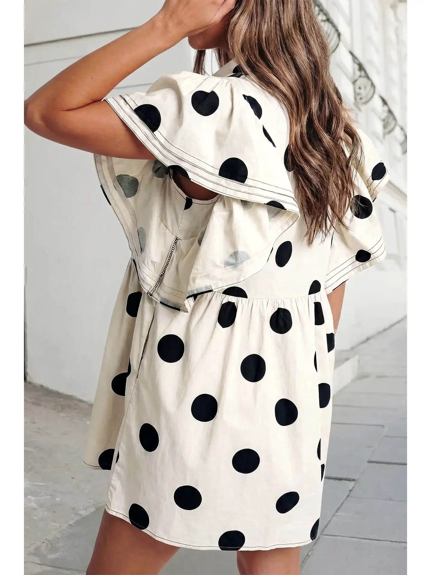 Polka Dot Flutter Sleeve Button-Front Babydoll Mini Dress | Cream & Black