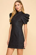 Black Denim Puff Sleeve Mock Neck Mini Dress