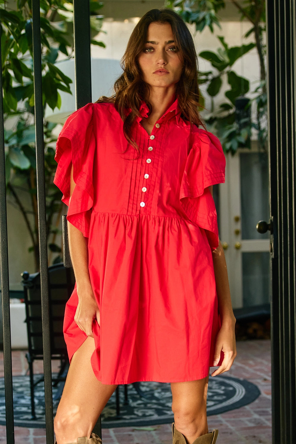 Ruffled Sleeve Pintuck Button-Front Mini Dress | Red