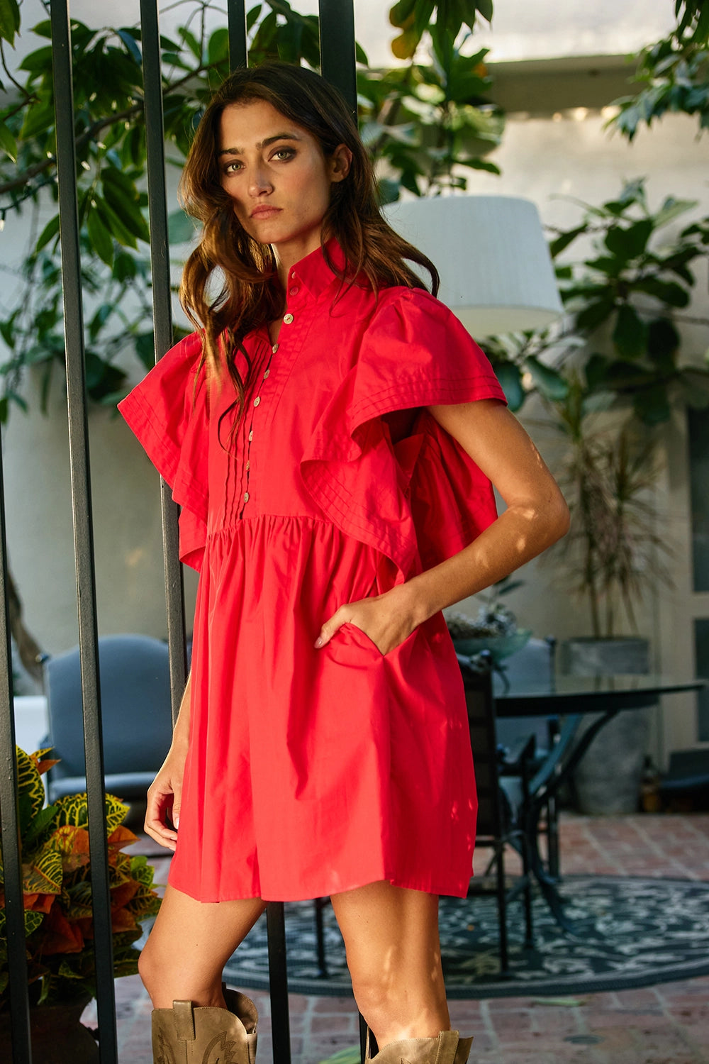 Ruffled Sleeve Pintuck Button-Front Mini Dress | Red