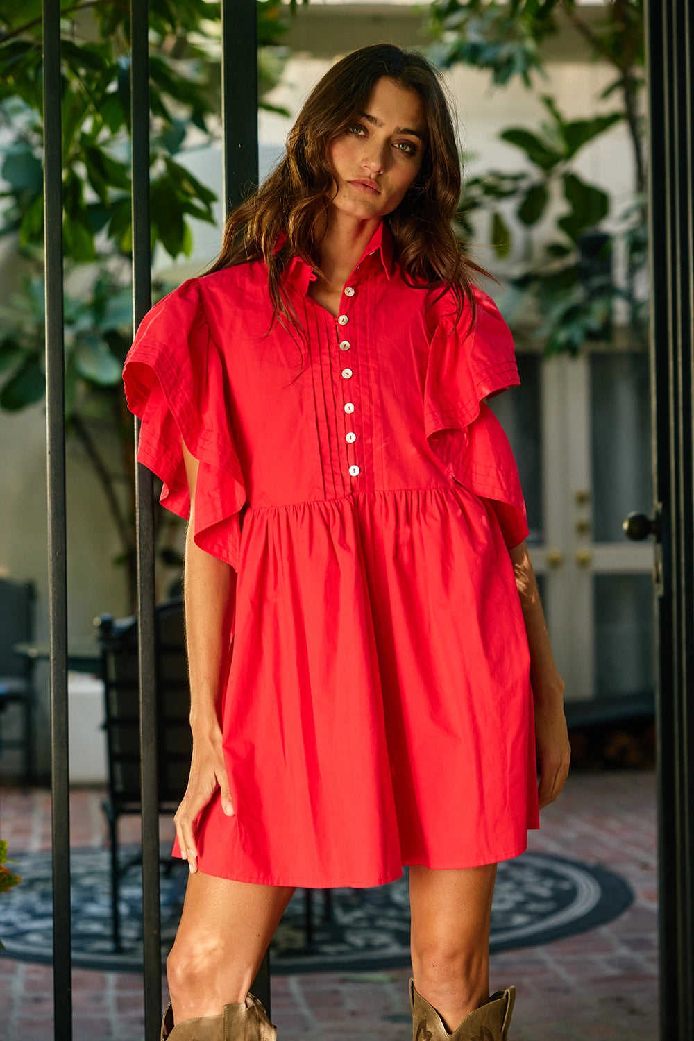 Ruffled Sleeve Pintuck Button-Front Mini Dress | Red