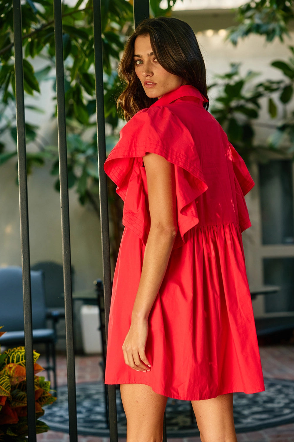 Ruffled Sleeve Pintuck Button-Front Mini Dress | Red