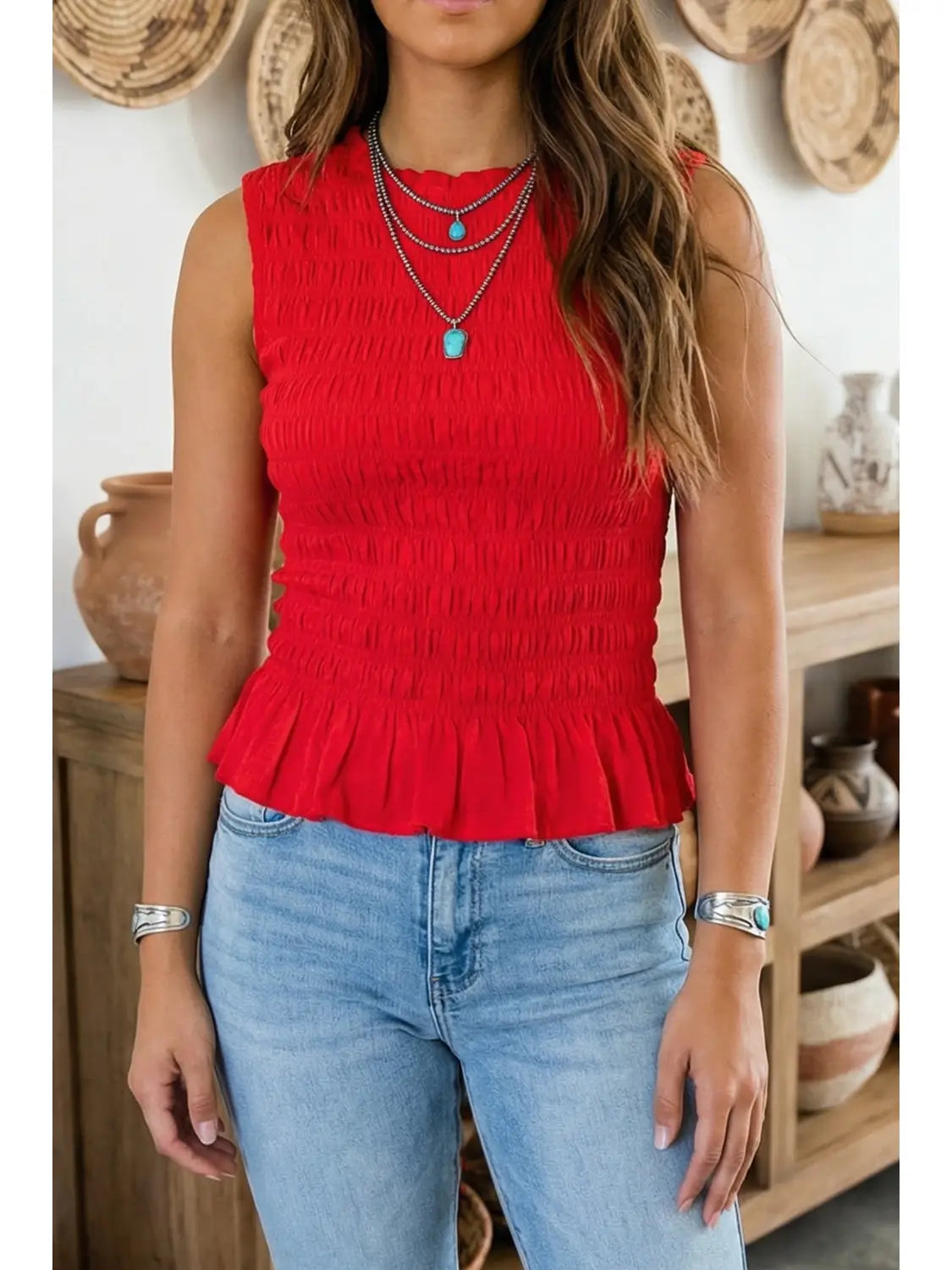 Shirred Peplum Sleeveless Tank Top | Red