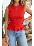 Shirred Peplum Sleeveless Tank Top | Red