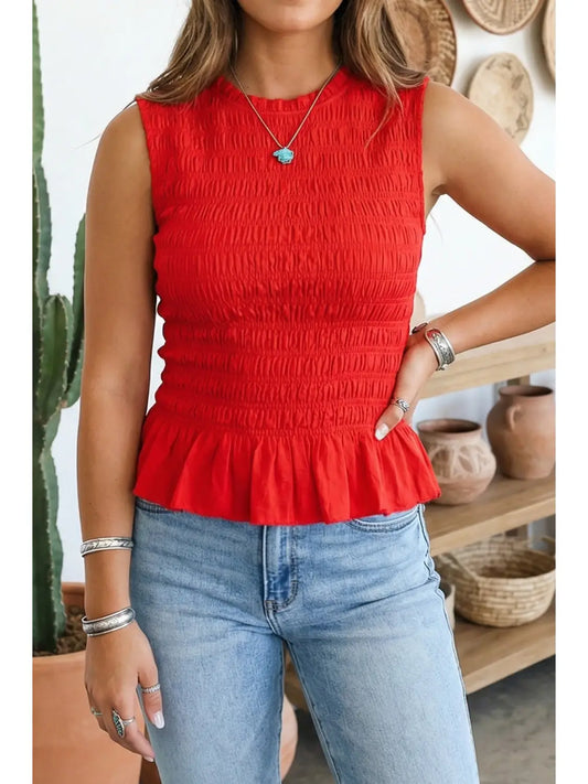 Shirred Peplum Sleeveless Tank Top | Red