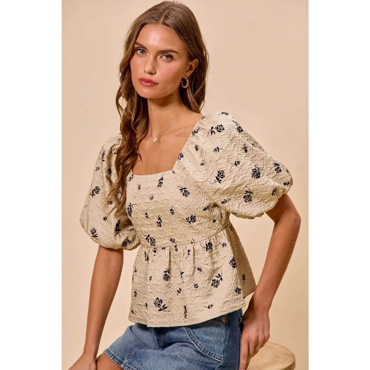 Rose Print Textured Square Neck Puff Sleeve Blouse | Beige