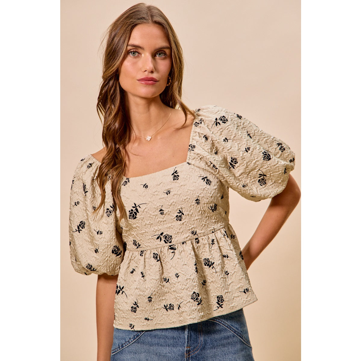 Rose Print Textured Square Neck Puff Sleeve Blouse | Beige