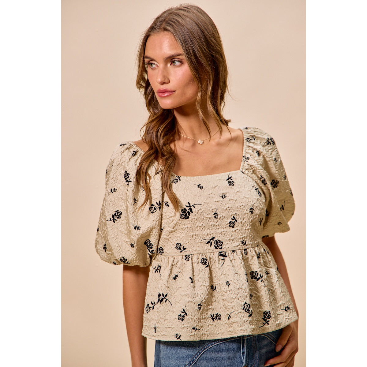 Rose Print Textured Square Neck Puff Sleeve Blouse | Beige