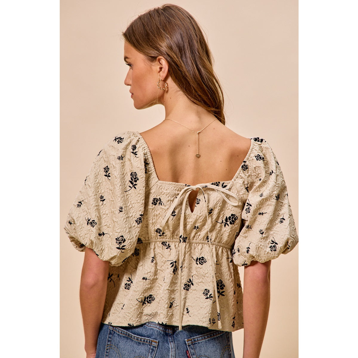 Rose Print Textured Square Neck Puff Sleeve Blouse | Beige