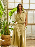 Double-Breasted Cropped Trench Vest & Midi Skirt Set in Khaki – front view full set