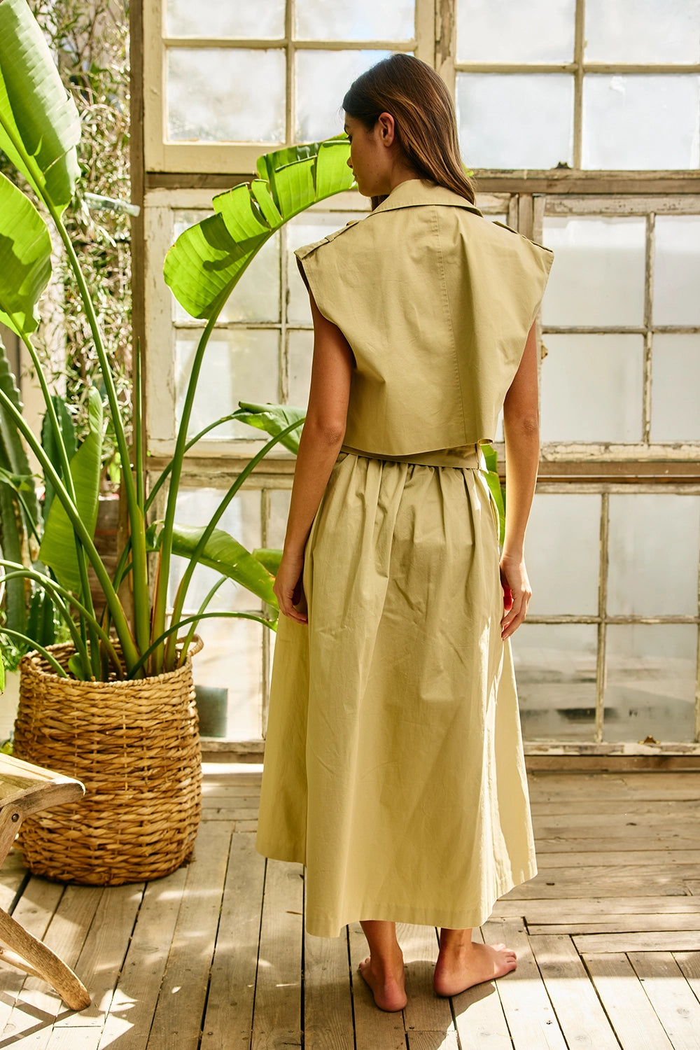 Double-Breasted Cropped Trench Vest & Midi Skirt Set in Khaki – front view