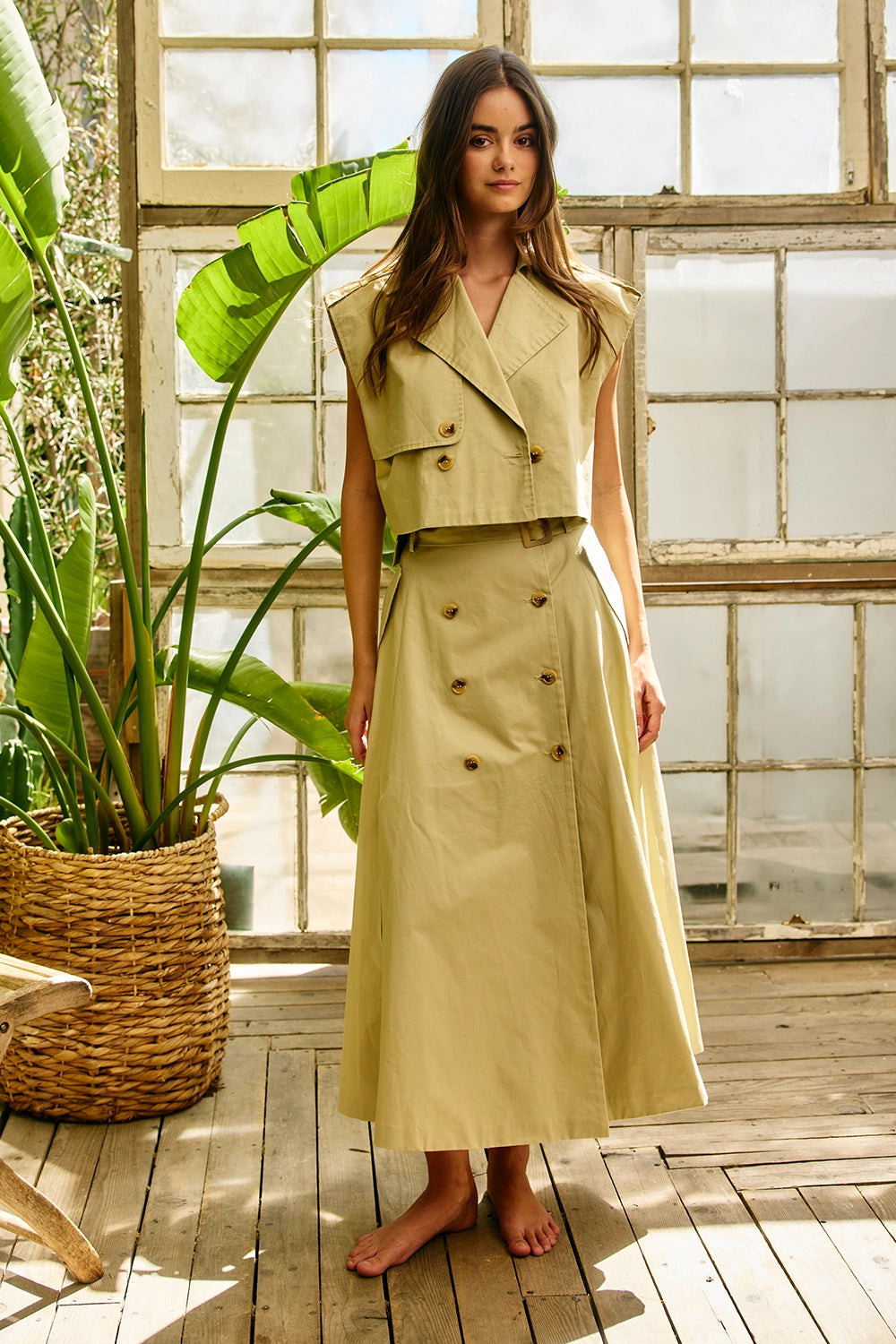 Double-Breasted Cropped Trench Vest & Midi Skirt Set in Khaki – back view