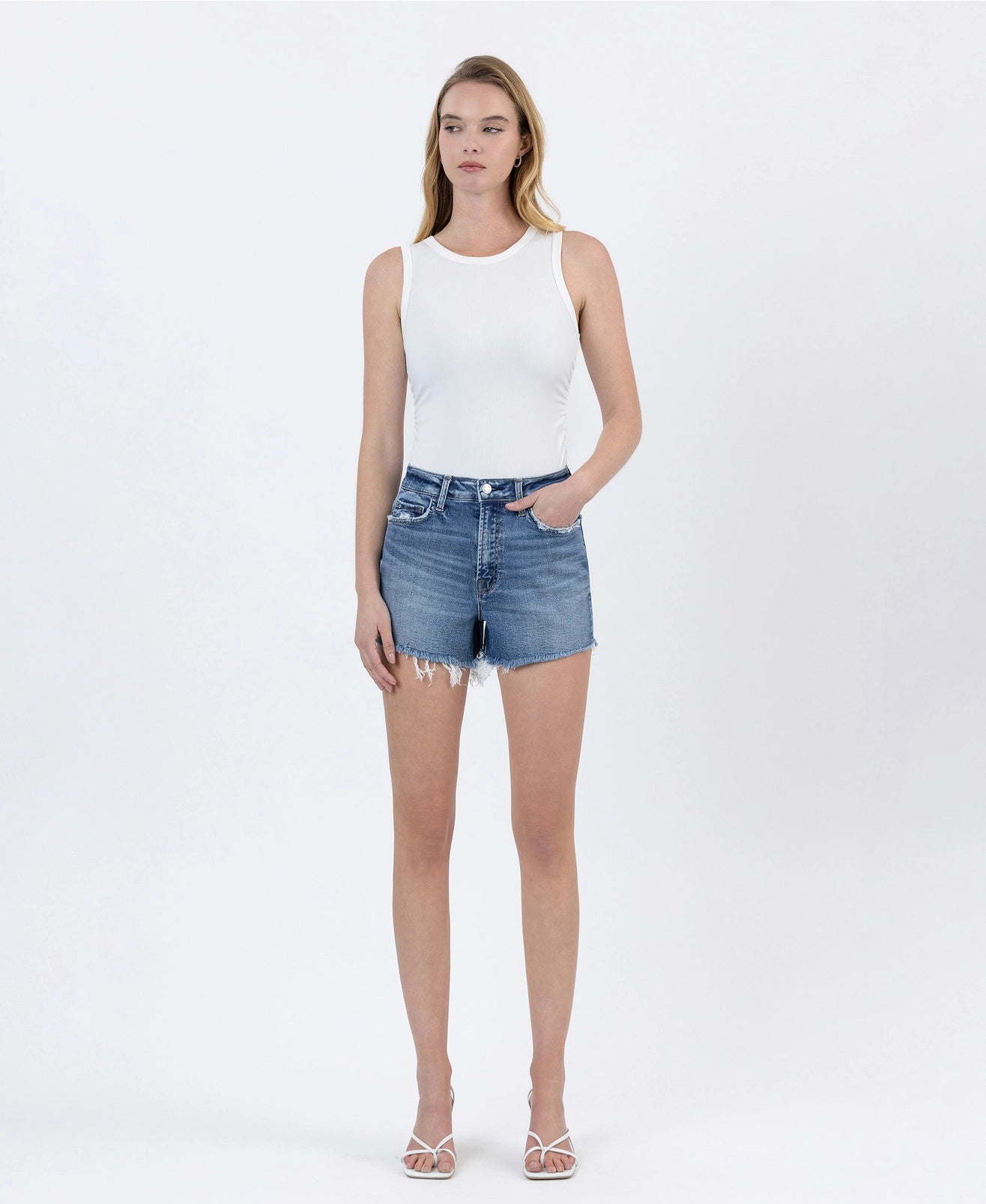 High Rise A-Line Frayed Hem Denim Shorts | Medium Wash