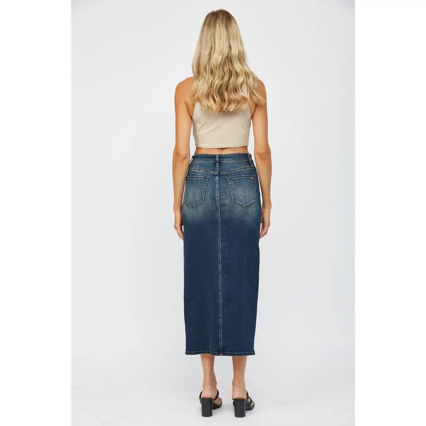 Dark Wash Denim Midi Skirt with Front Slit