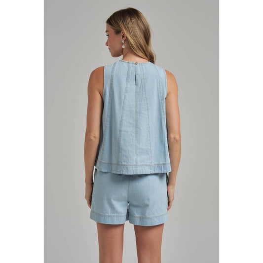 Sleeveless Pin Stripe Denim Top and Matching Shorts Set - back view