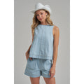 Sleeveless Pin Stripe Denim Top and Matching Shorts Set - front view