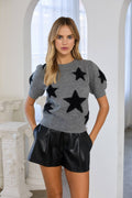 Cashmere and blue star pattern knit sweater with short puff sleeves and ribbed hem