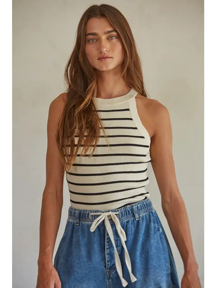 Ribbed Stripe Knit Sweater Tank Top | Cream & Black