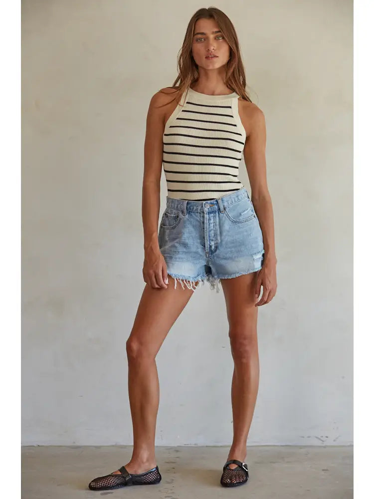 Ribbed Stripe Knit Sweater Tank Top | Cream & Black