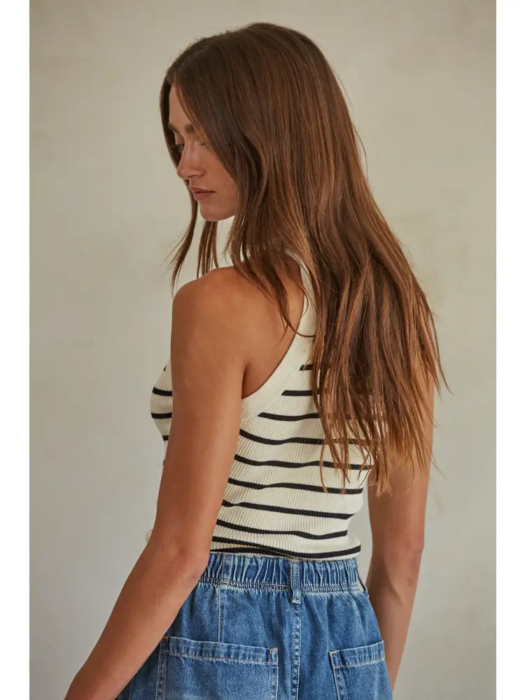 Ribbed Stripe Knit Sweater Tank Top | Cream & Black